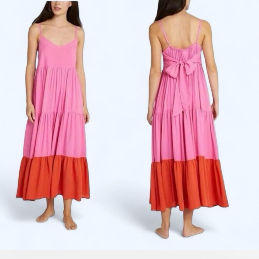 Kate Spade Pink and Red Maxi Dress tiered Colorblock Tie Bow back cover up sz XS